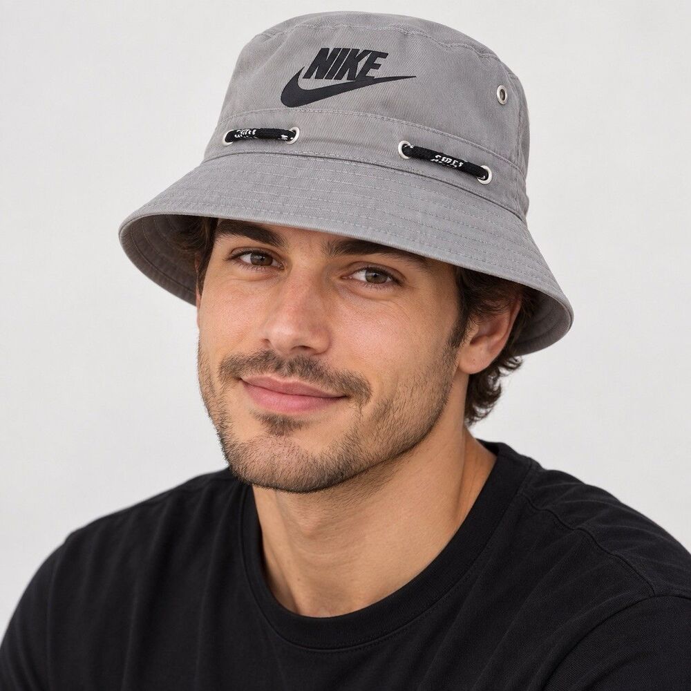 Nike Gray Bucket Hat Black Logo Adjustable Rope Vent Eyelets New With Tags